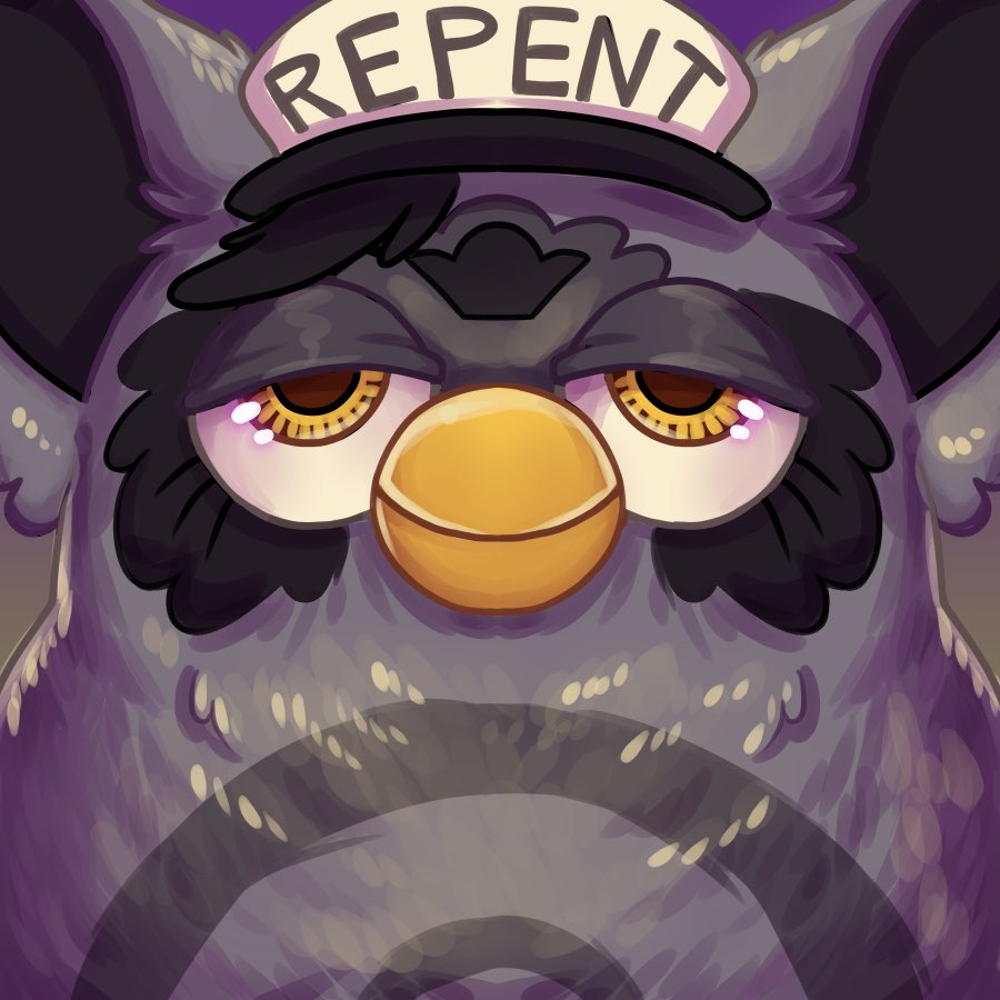 a close up icon of a furby sona with a hat that says REPENT