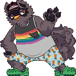 a furby anthro/furry in a hat, rainbow tanktop, pineapple shorts, and green crocs