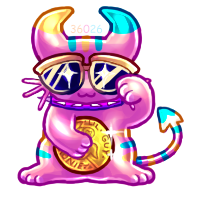 a pink yellow and blue maneki neko with horns and a devil tail holding a big gold coin and wearing sunglasses
